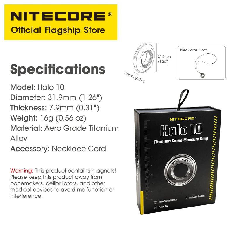 Nitecore Halo 10 Titanium Curve Measure Ring Mini 16g Lightweight Portable EDC Fidget Toy Pendant for Outdoor Home
