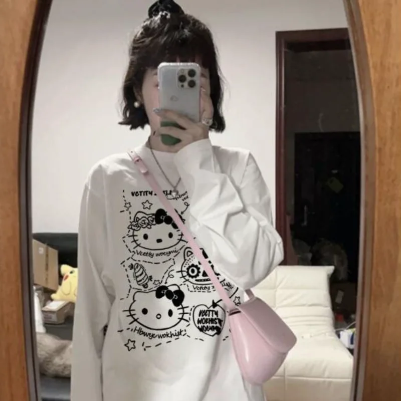 

Футболка-пуловер Sanrio Hello Kitty с длинными рукавами, женская, новая, свободного кроя, в корейском стиле, весна-осень, повседневная, модная, базовый слой