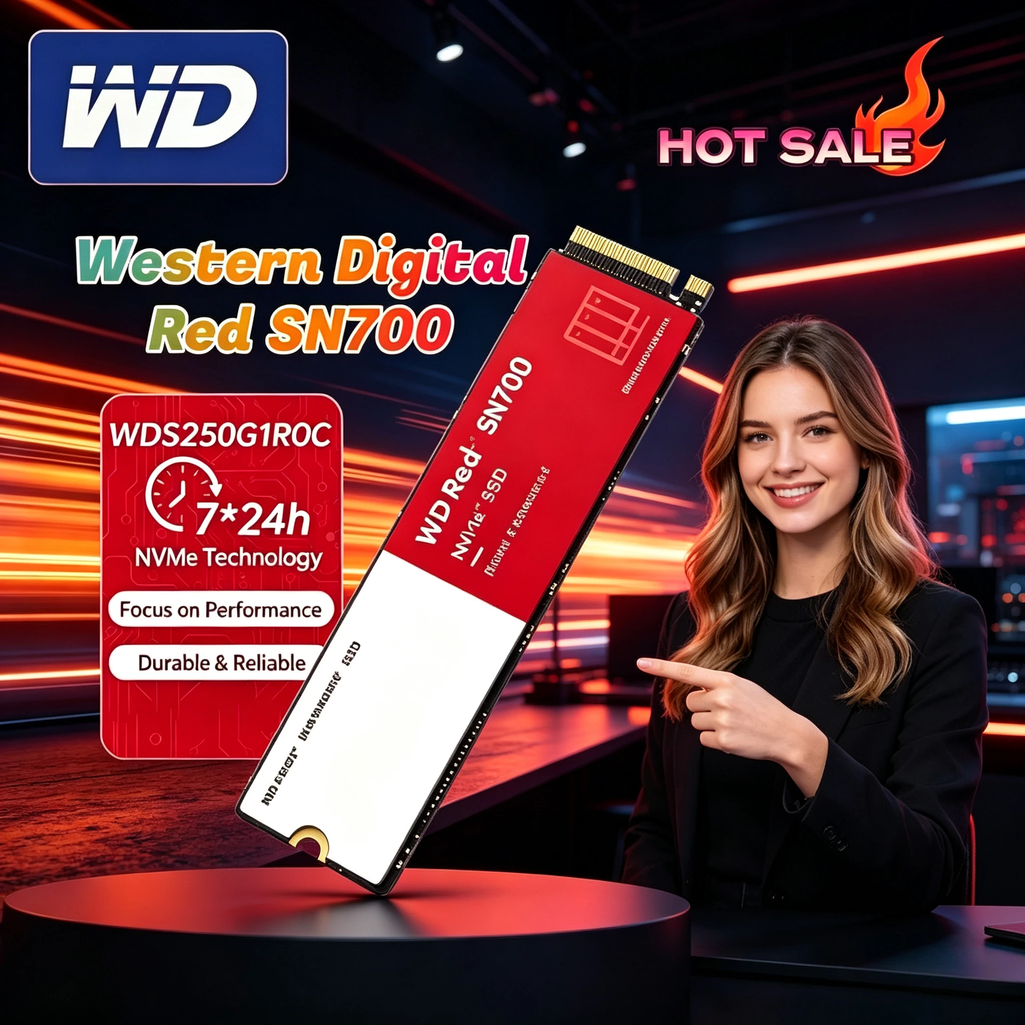 WD Red SN700 500GB/1TB NVMe M.2 2280 NAS SSD, Up to 3430 MB/s Read, PCIe Gen3, High-Speed Caching for 24/7 NAS.