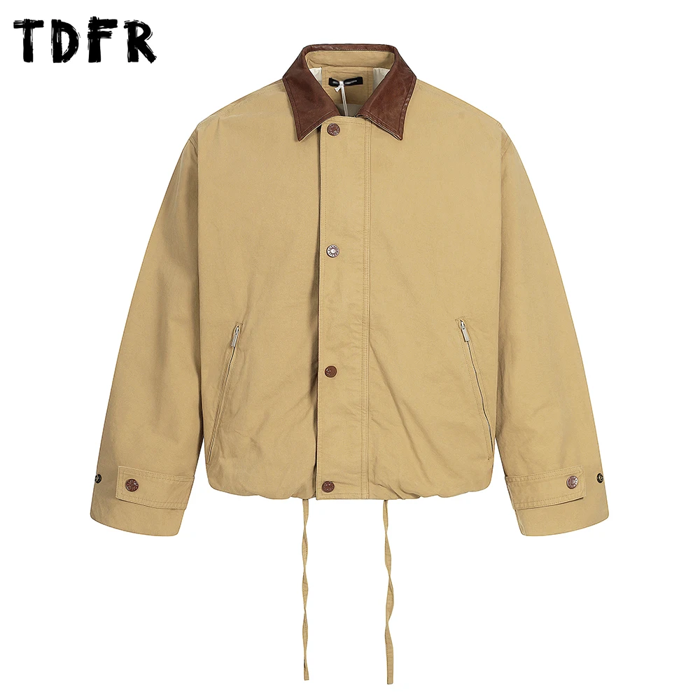 

Spliced Cargo Jacket Mens Autumn Pocket Retro Safari Style Lapel Long Sleeve Drawstring Hem Outerwear Man