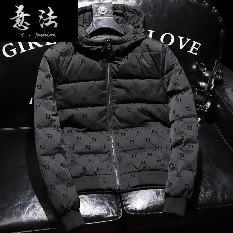 

Men's autumn and winter new products high-end simple flocking printed hooded down jacket men's short fashion warm jacket