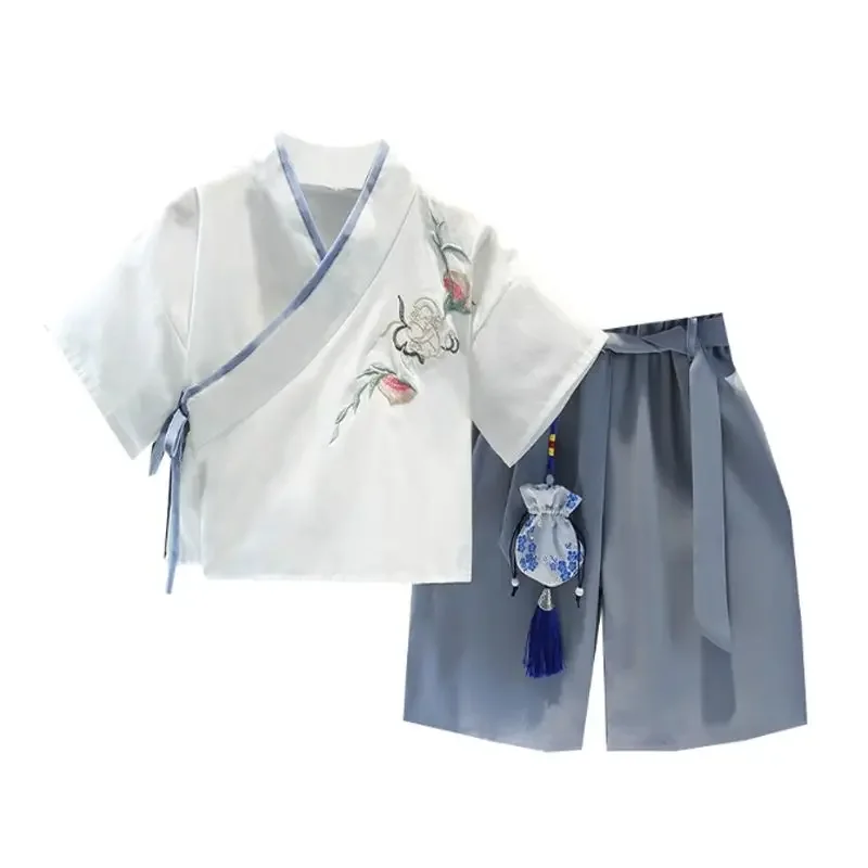 Summer Chinese Style Embroidery Short Sleeved Tang Suit Two Piece Set Boys Girls Oriental Children Costumes Send Sachets Kung Fu