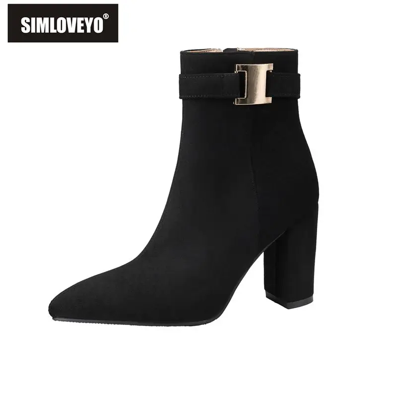 SIMLOVEYO Black Women Ankle Boots Pointed Toe 8.5cm Block Heel Flock Suede Zipper Elegant Dating Short Bota Small Big Size 32 43