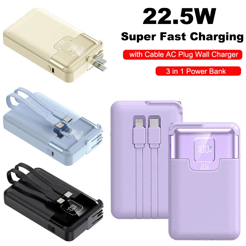 

3 in 1 Power Bank 10000mAh 22.5W Fast Charging Powerbank with Cable AC Plug Wall Charger for iPhone 17 16 Xiaomi Samsung Huawei