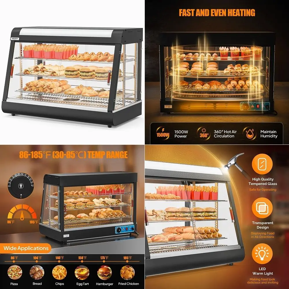 Calentador de Pizza y Alimentos de 35 Pulgadas, Calentador de Alimentos Eléctrico de 3 Niveles para Mostrador Comercial con Iluminación LED y Estantes Ajustables y Extraíbles