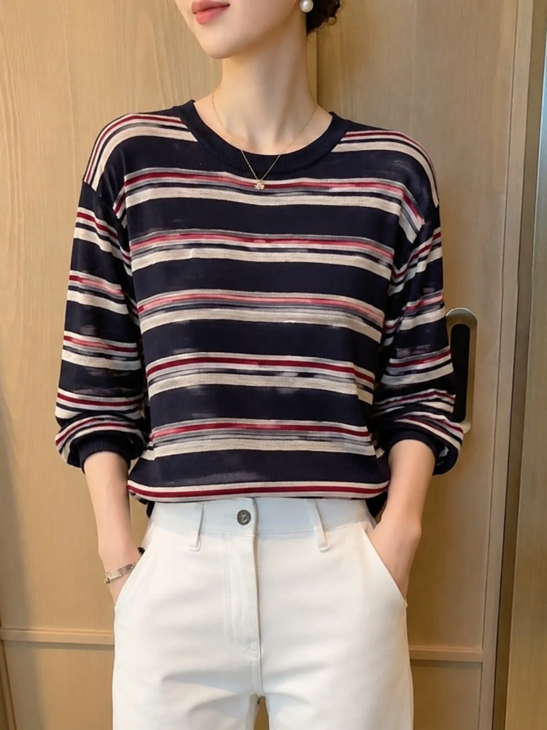 Loose Casual Long Sleeve T-Shirt Color Block Stripe Design round Neck Anti-Aging Fashionable Women's Top Commute Korean Style