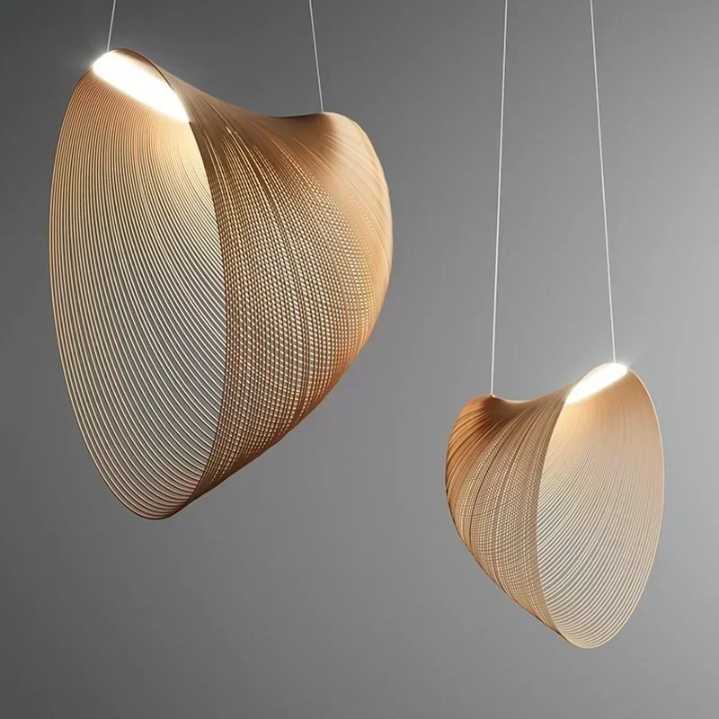 Italian Creative Minimalist Straw Hat Linear Curve for Living Room Home Decoration Wood Art Chandelier LED Pendant Lamps Simple