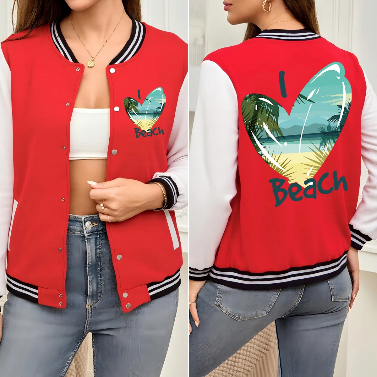 

Love Beach Coconut Tree Landscape Print Women Jacket Soft Casual Baseball Uniform Cotton Loose Clothes Autumn Fashion Streetwear