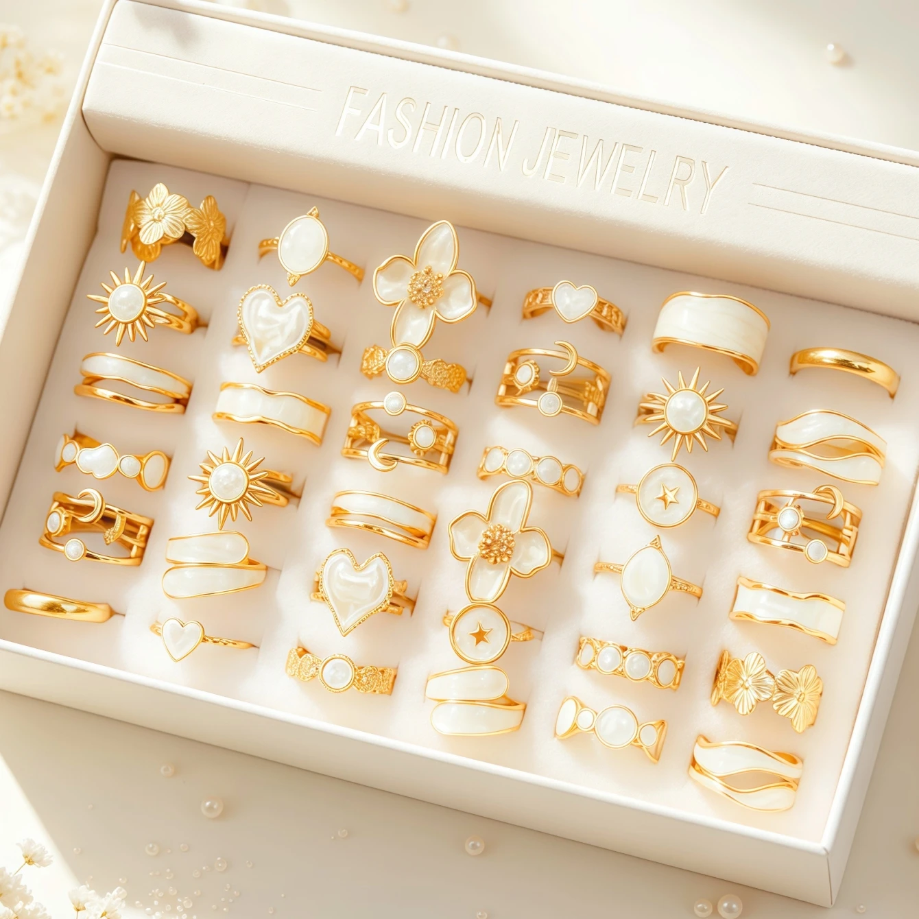10/15/20Pieces Fashion White Drip Oil Open Rings Set For Women Mix Style Flowers Heart Geometry Daily Jewelry Party Gifts