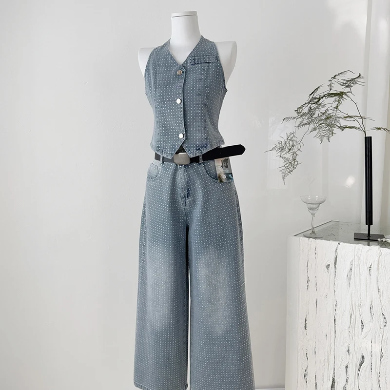 

Retro Two-piece Pants Sets Glittering Diamond Sleeveless Vest Single-breasted Crop Tops High Waist Wide Leg Jeans Trousers Suits