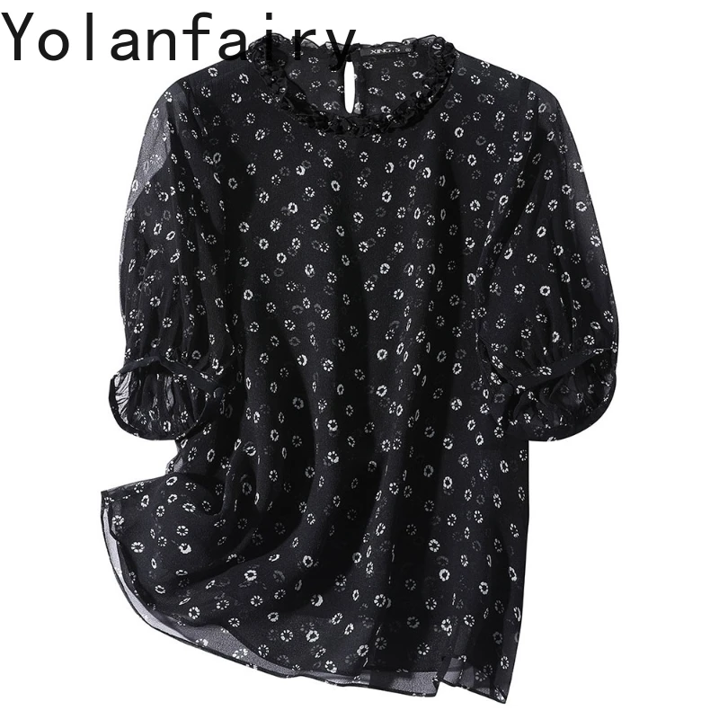

YOLANFAIRY 100% Natural Mulberry Silk T Shirts Woman Summer Light Luxury Elegant Floral Tee Shirt Women's Clothing Black Tops