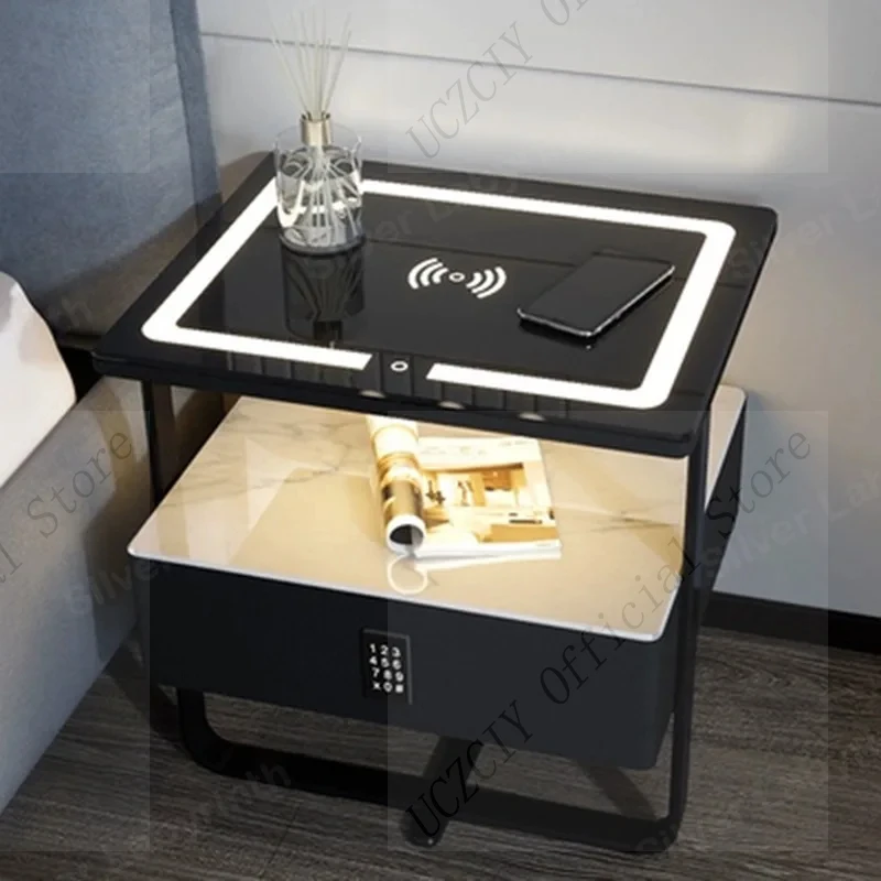 Smart light luxury rock slab bedside table Minimal wrought iron wireless charging Multifunctional bedroom side cabinet