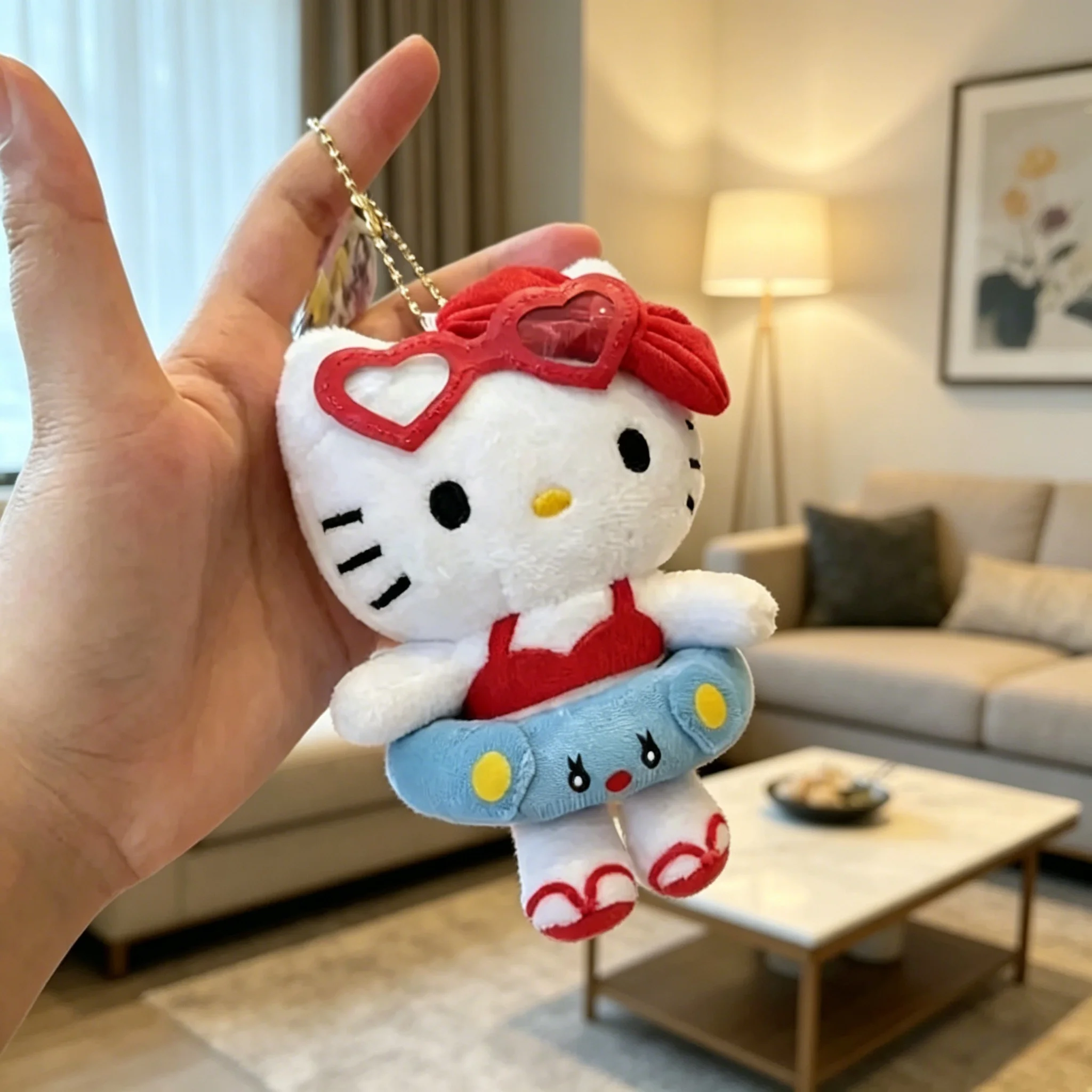 

Hello Kitty Cat Cartoon Plush Series Doll Stuffed Keychain Hawaii Swim Ring Series Dark Skin Charm Pendant Kawaii Festive Gift