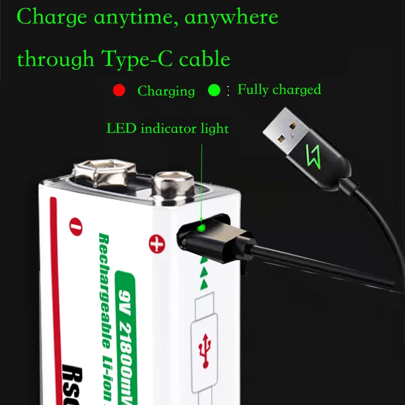 USB-C Rechargable 9V Lithium ion  Battery 21800mWh High Capacity for Guitar Microphone Smoke Detector Pedal with Cable