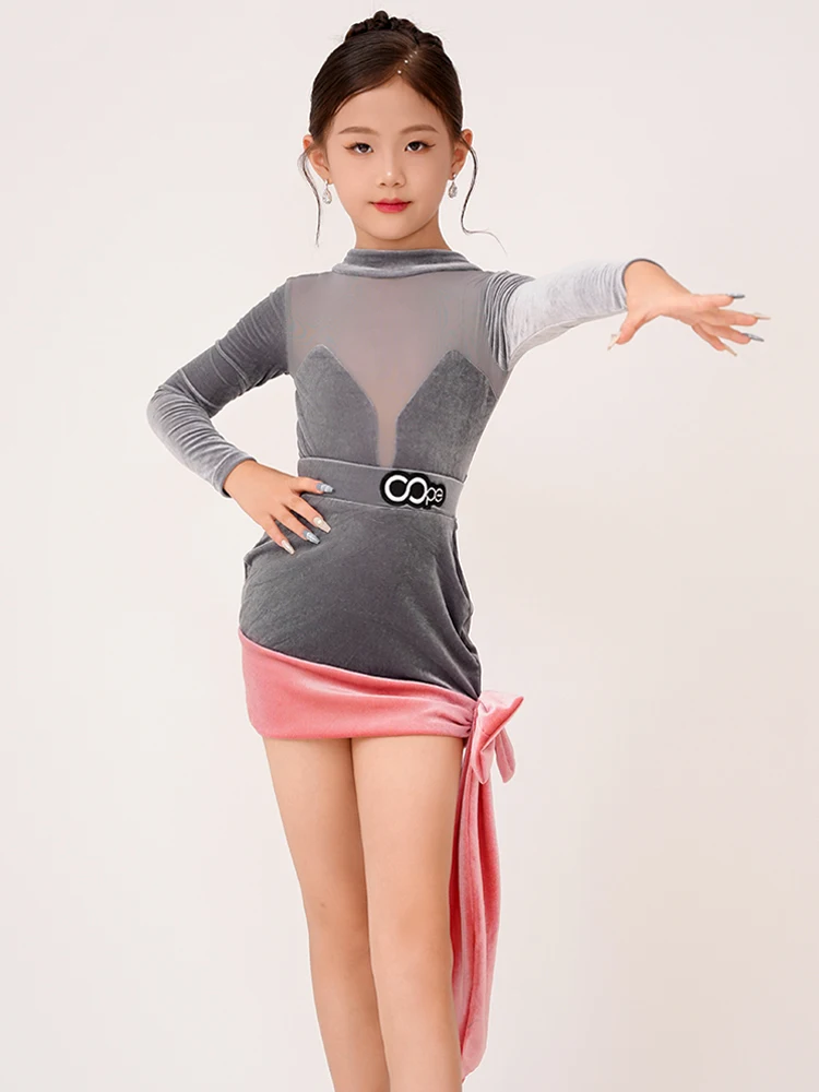 Latin Dance Clothes Girls Kids Gray Velvet Long Sleeves Dress Training Practice Suit Winter Cha Cha Rumba Dance Dresses BL13543