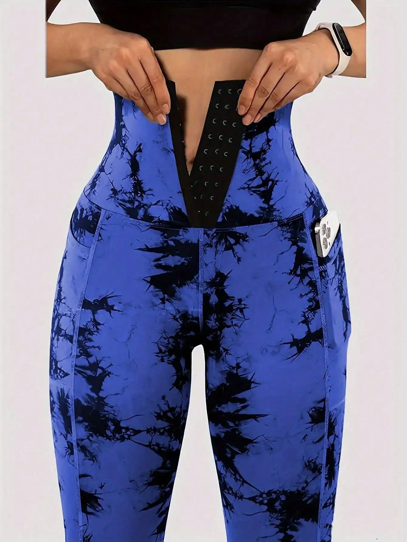 Women's Tie-Dye Pocket Buttoned Tummy Control Butt-Lifting Leggings, Fitness Training Yoga Running Sports Pants