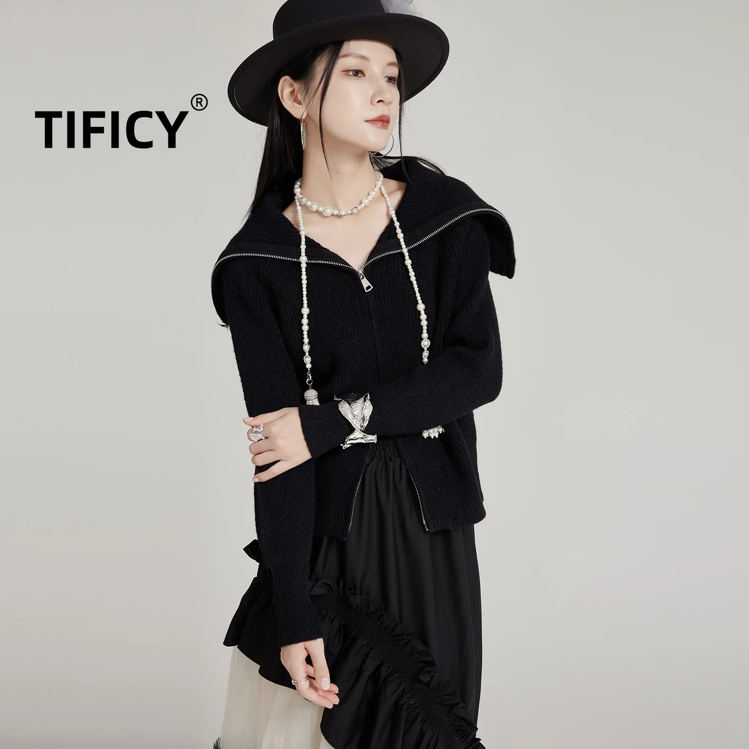 

TIFICY Early Autumn New Women's Knitted Cardigan Jacket Slimming Look with Zipper Inside Big Collar Sweater Cardigans Tops