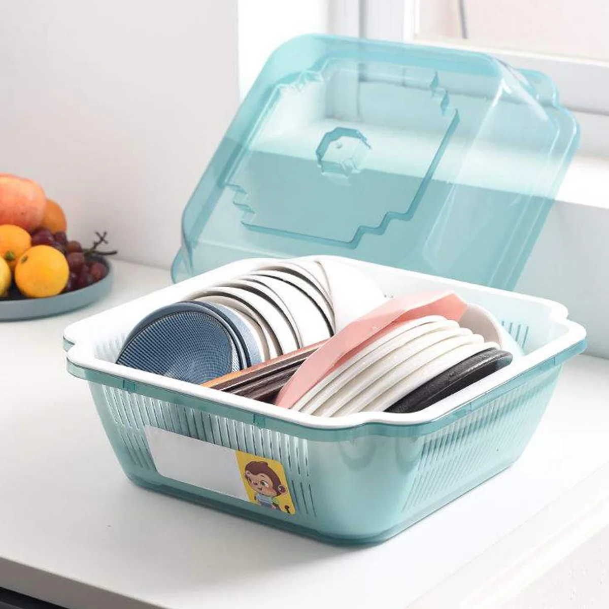 

1Pcs Kitchen Dish Rack Tableware Storage Box Transparent Lid Drain Basket Design Eco-Friendly PP Material Suitable for Cups