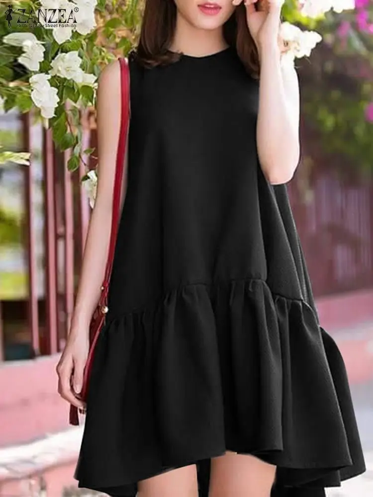 

ZANZEA Fashion Ruffles Hem Dress Woman Casual Midi Robe Summer Sleeveless O-Neck Vestidos Female Elegant Solid Beach Sundress