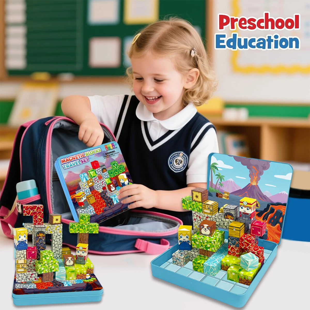 Magnetische Blöcke, Reisemagnetwürfel, magnetische Bausteine, Spielzeug mit tragbarer Eisenbox, STEM, pädagogisches Magnetspielzeug für Kinder