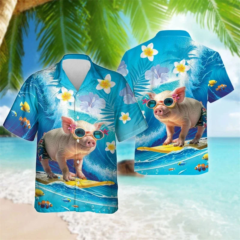 Kemeja pantai motif hewan lucu babi 3D untuk pria kemeja grafis hewan peliharaan lucu kemeja Hawaii kasual blus kerah lengan pendek selancar