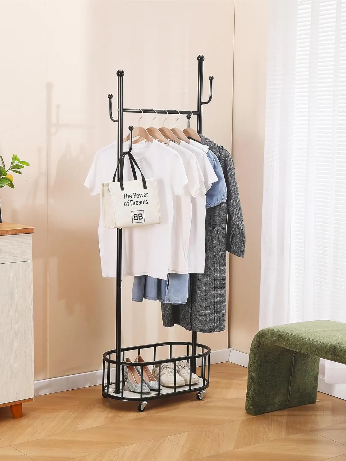 Metal Rolling Clothes Rack with Wheels, Storage Shelf & 4 Hooks, Black