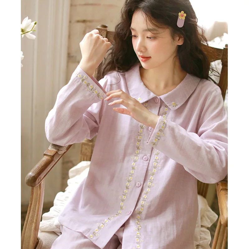 

Женский пижамный комплект из хлопчатобумажной пряжи, кружевная вышивка, круглый вырез, длинный рукав, свободная посадка, домашняя одежда, осенняя одежда для дома, комплект из 2 предметов