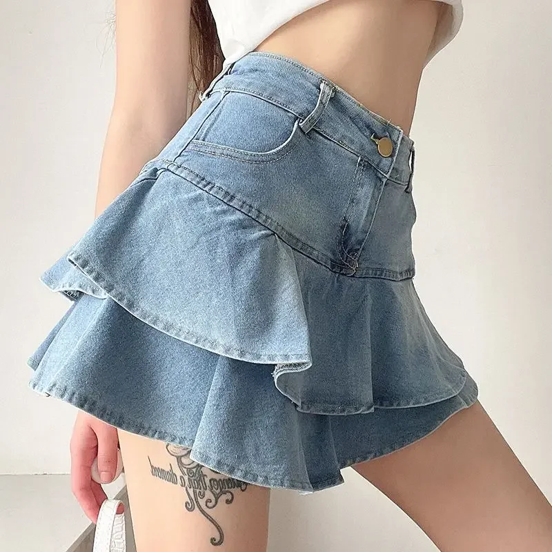 

2024 Y2K Kawaii Ruffle Vintage Denim Skirt Shorts Women Summer Korean Fashion High Waist A-line Slim Cute Sexy Mini Jean Skirt