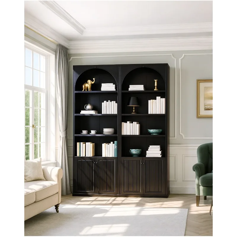 Solid wood arched bookcase 60cm80 American classical black home living room against the wall floor shelf study display cabinet