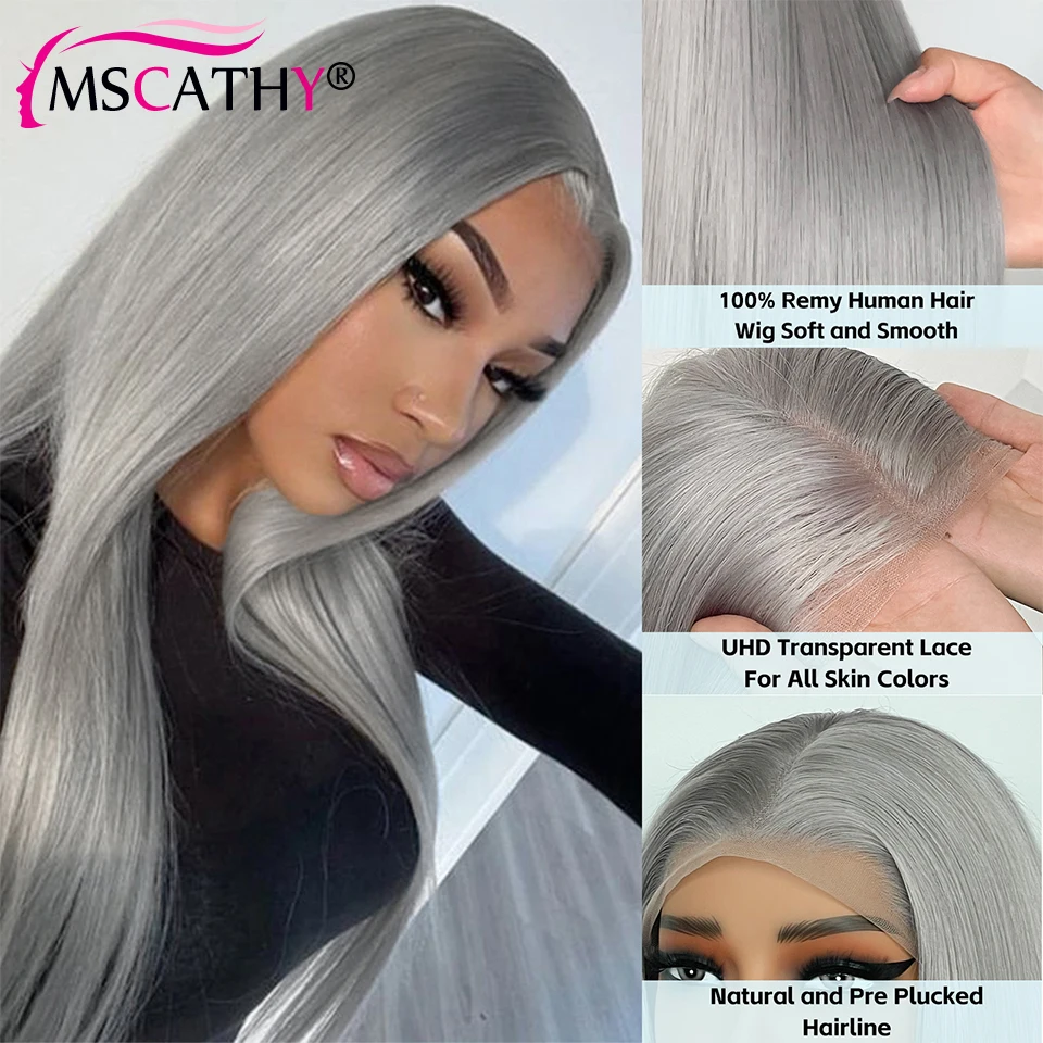 

200% Silver Grey Colored Straight Human Hair Wigs For Women 13x4 HD Transparent Lace Frontal Wig Brazilian Remy Human Hair Wigs
