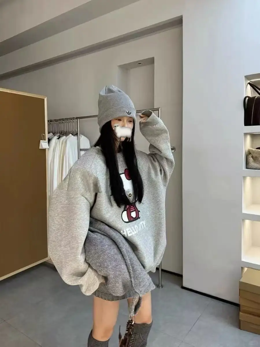 Sanrio hello kitty versão na moda dos desenhos animados impressão feminina outono inverno em torno do pescoço hoodie para mulher manga comprida pullovers versáteis