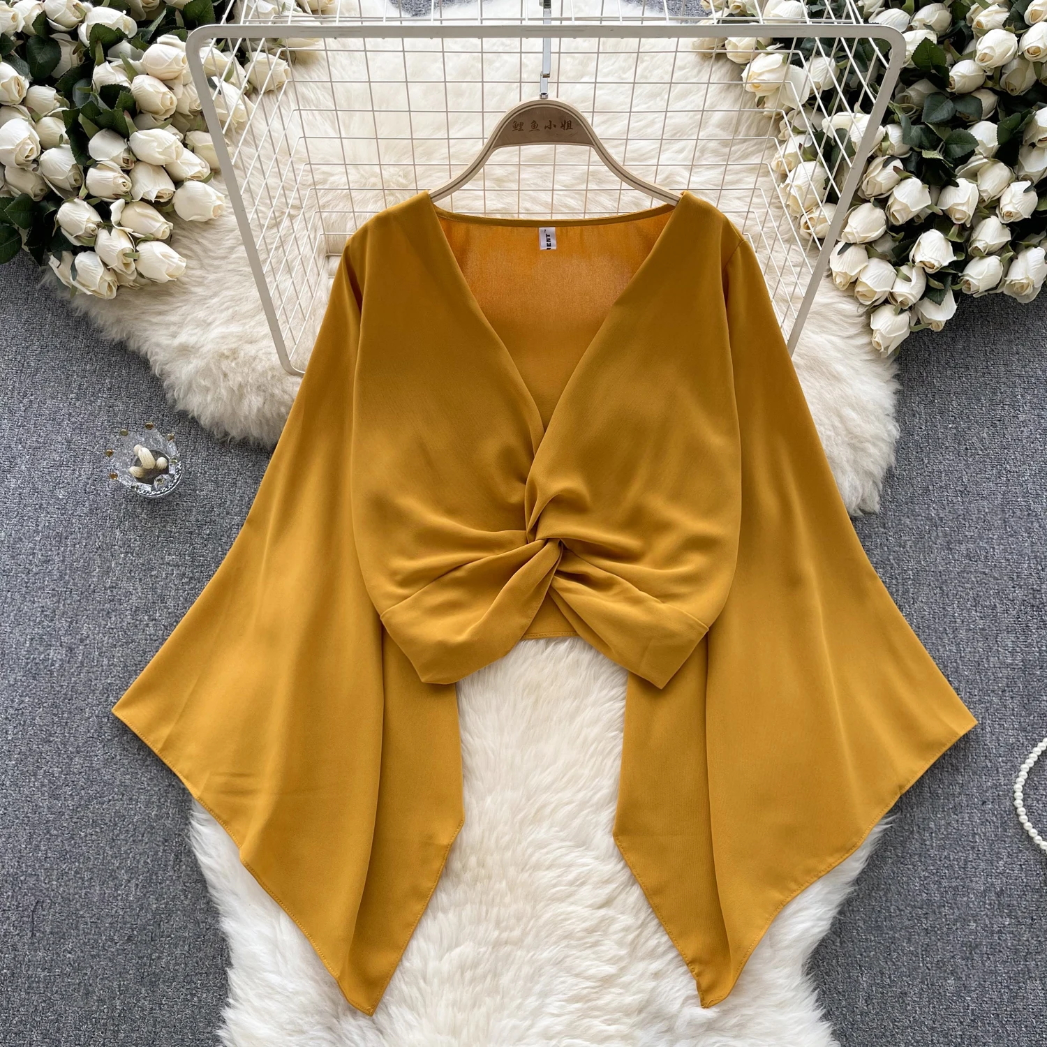 Chic Sweet Flare Long Sleeve V Neck Crop Blouse Slim Chiffon Elegant Korean Fashion Top Sexy Women Shirt