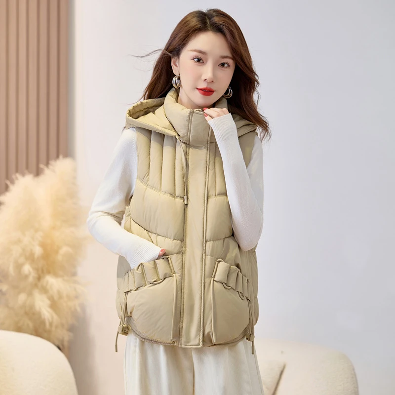 جديد خريف وشتاء 2025 صدرية نسائية فضفاضة مبطنة بجيب حبل مع قلنسوة وياقة ثابتة وسترات قصيرة من القطن #3