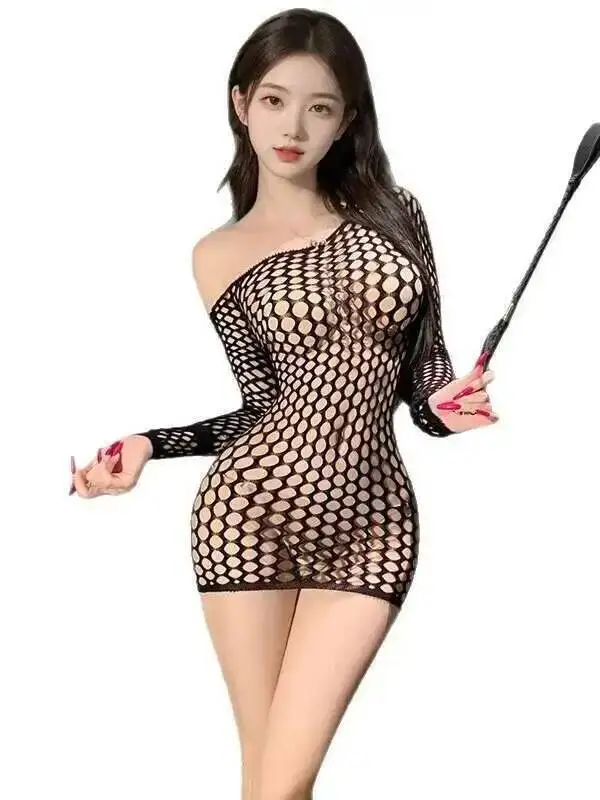 مثير الإناث جوفاء شبكة حقيبة كتف مائلة الورك فستان قصير شير مطاطا سليم فستان شبكي أنيق قطعة واحدة القمم 2025 جديد CUX8