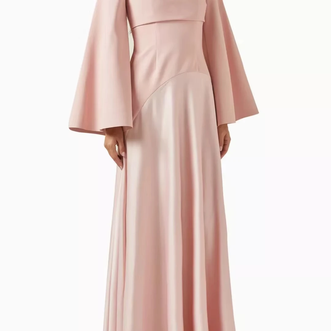 Vestido de noche rosa sin tirantes, manga larga, corte en A, hombros descubiertos, largo hasta el suelo, plisado, vestido de fiesta de boda personalizado, 2025