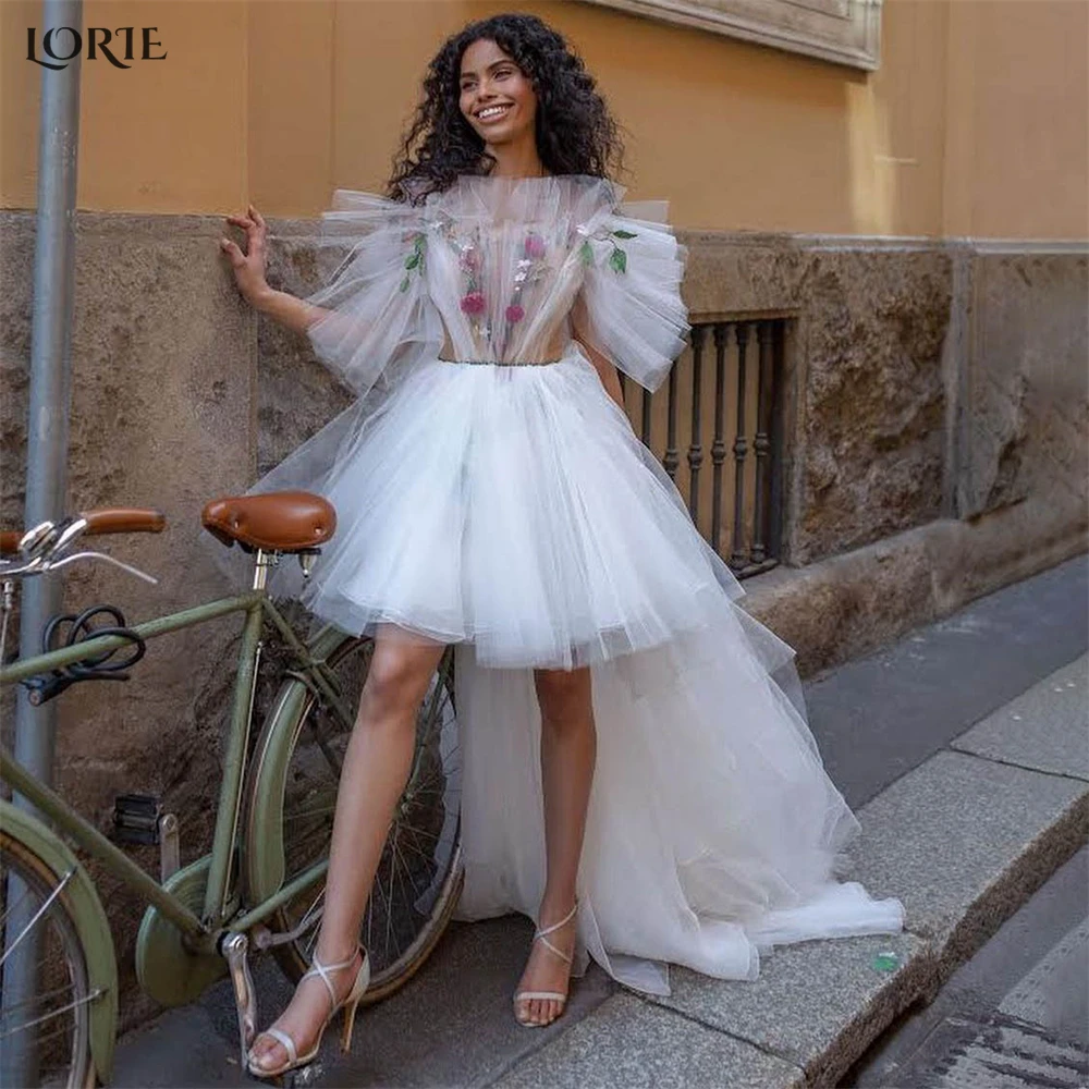 

LORIE Sexy Colorful Lace Wedding Dresses Ruched Off Shoulder Ruffles A-Line Knee-Length Bridal Gowns Backless Tulle Bride Dress