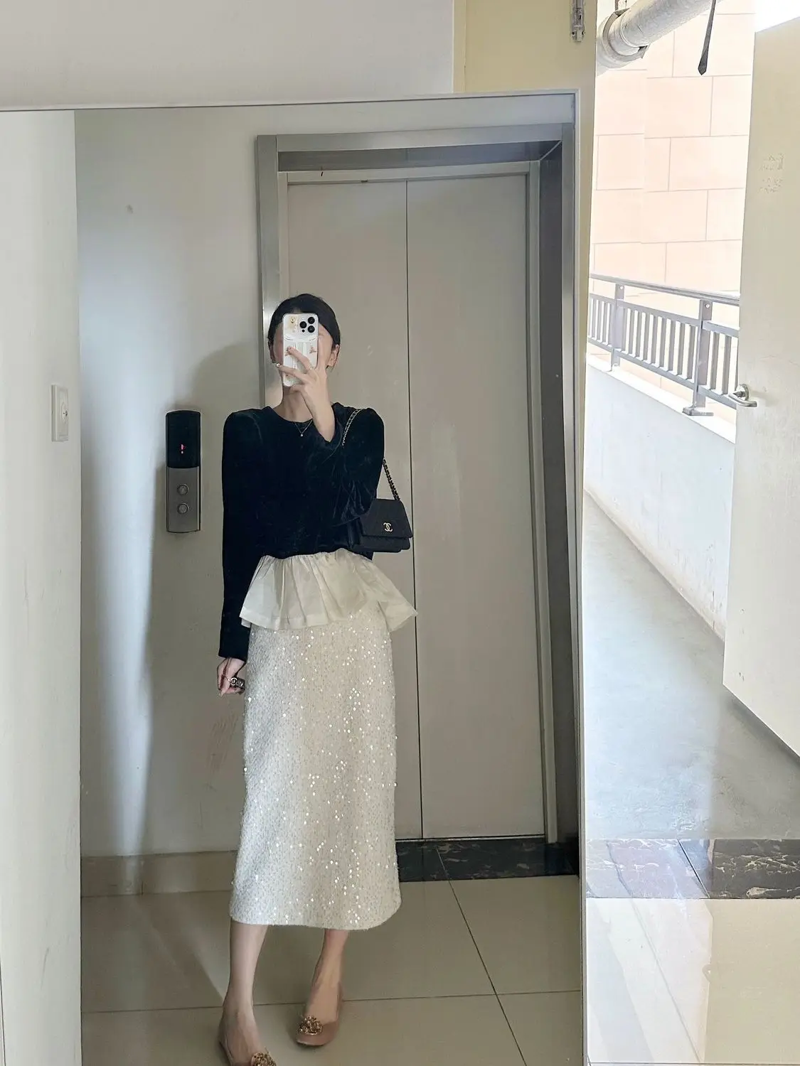 

French Elegant Women New Two Piece Skirt Sets O Neck Long Sleeve Black Velvet Tops + High Waist Long Straight Skirt Outfits
