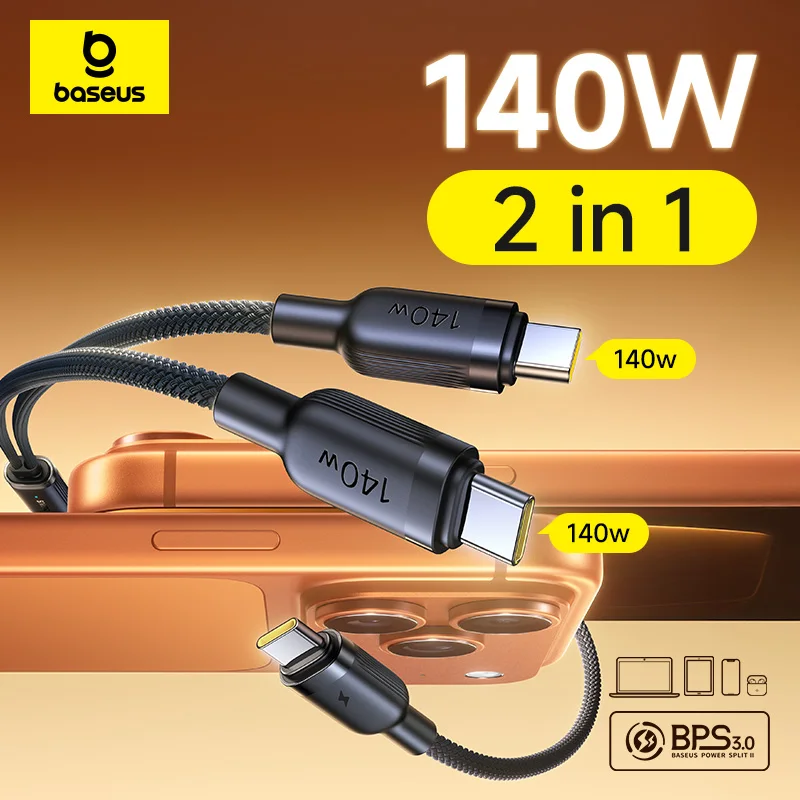 Baseus 140W Fast Cable 2-in-1 Data Cable PD3.1 QC PPS Quick Charging USB-C to Dual Type-C Wire For Laptop Tablet Samsung iPhone