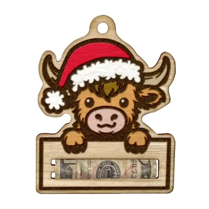 Happy New Year Money Cards Highland Cattle Christmas Cards Money Holder Wooden Christmas Tree Wallet Ornament For Window Car