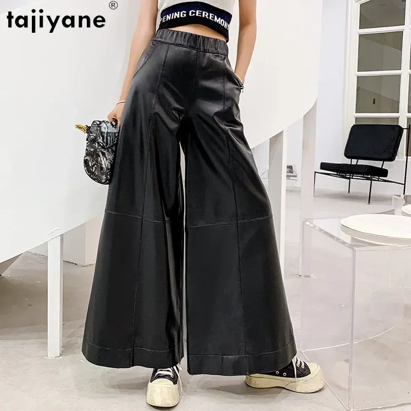 

Tajiyane Genuine Leather Pants Women Casual Wide Leg Pants Korean Sreetwear Sheepskin Trousers Women Clothes High Waist Pants SG