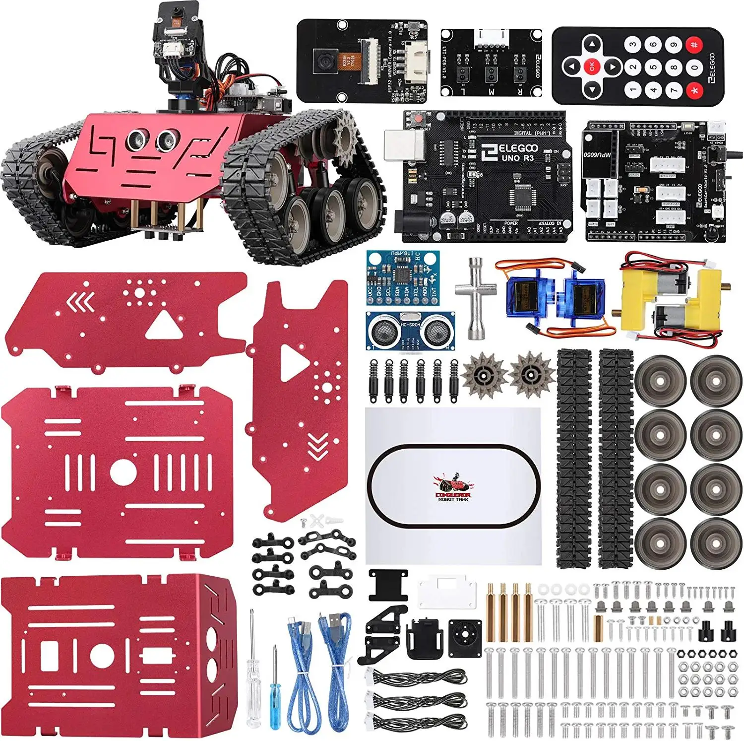 ELEGOO Conqueror Robot Tank con UNO R3, telecomando IR ecc. Kit robotico per auto giocattolo intelligente ed educativo compatibile con Arduino