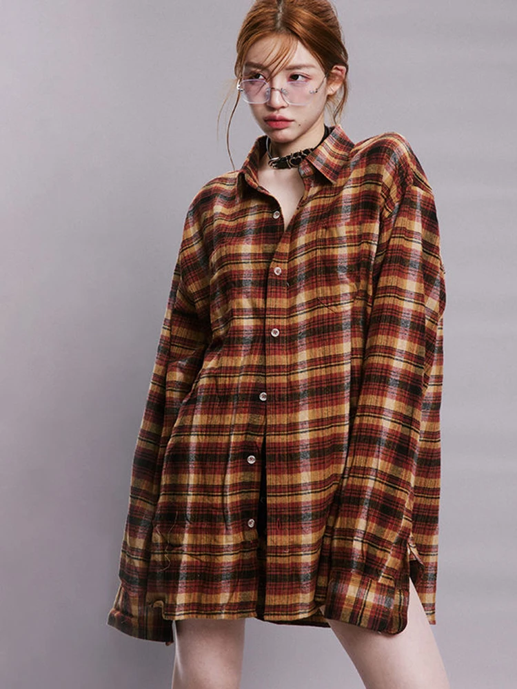 Camicie scozzesi Y2k da donna Camicetta a maniche lunghe oversize vintage Harajuku Streetwear Allentato Bf Retro Hop Casual Top Nuova primavera