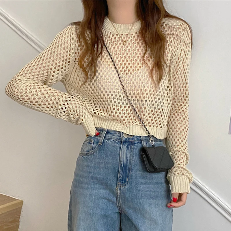 Summer Women Solid Color Round Neck Hollow Out Long Sleeve Casual Loose Knitted Top