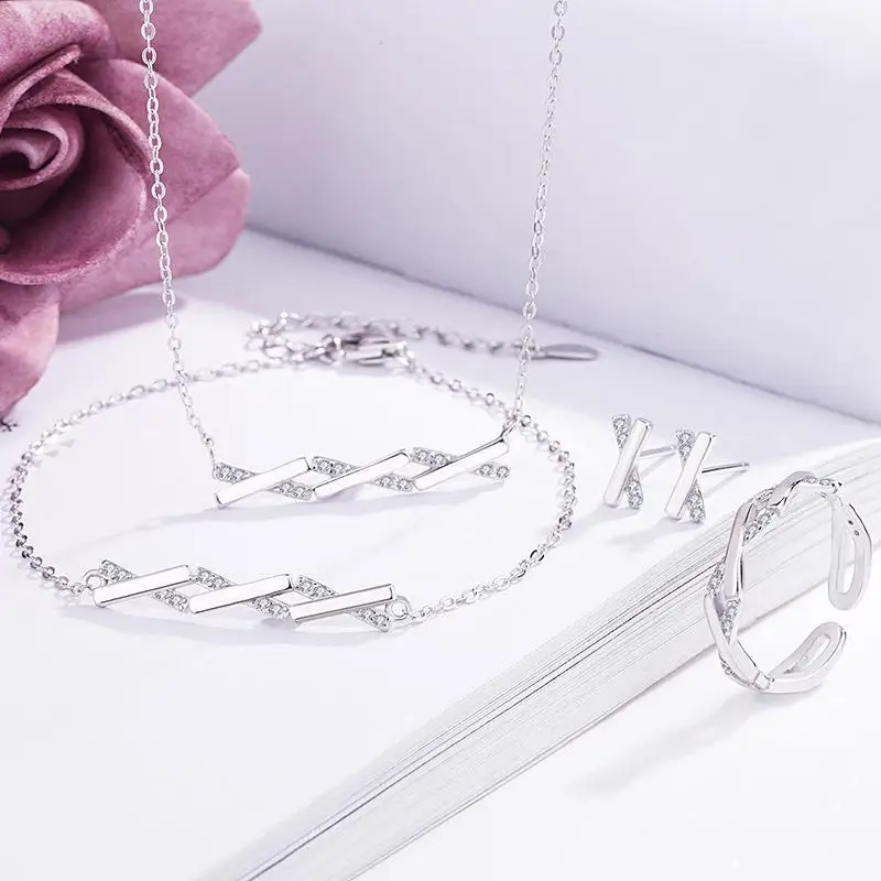 

S925 Стерлингового Серебра X-образной формы Ожерелье Серьги Набор Регулируемый Браслет Кольцо Корейский Стиль Ювелирные Изделия Подарок Гипоаллергенный Штабелируемый