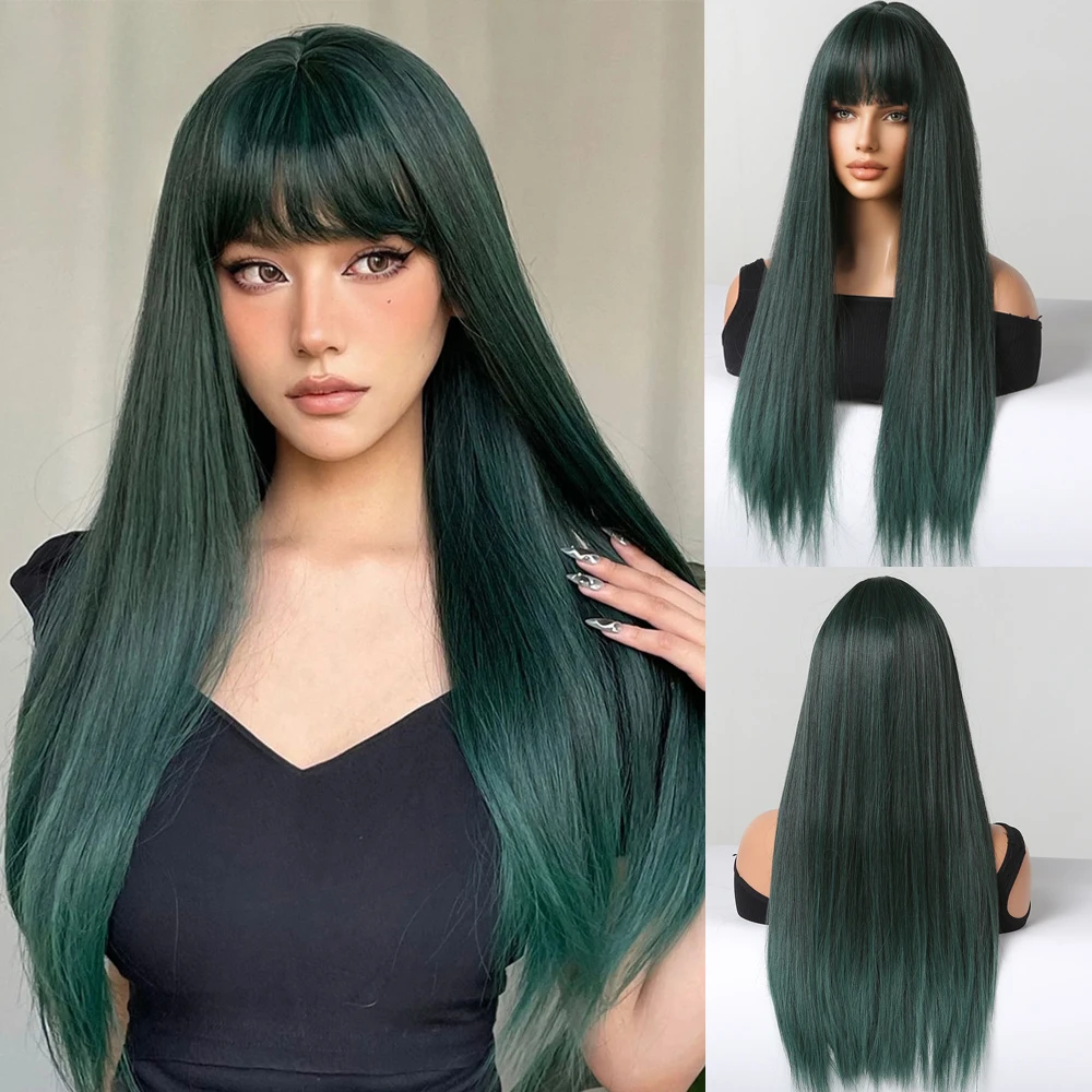 

Dark Green Long Straight Synthetic Bangs Green Cosplay Halloween Colorful for Women Natural Heat Resistant Wigs