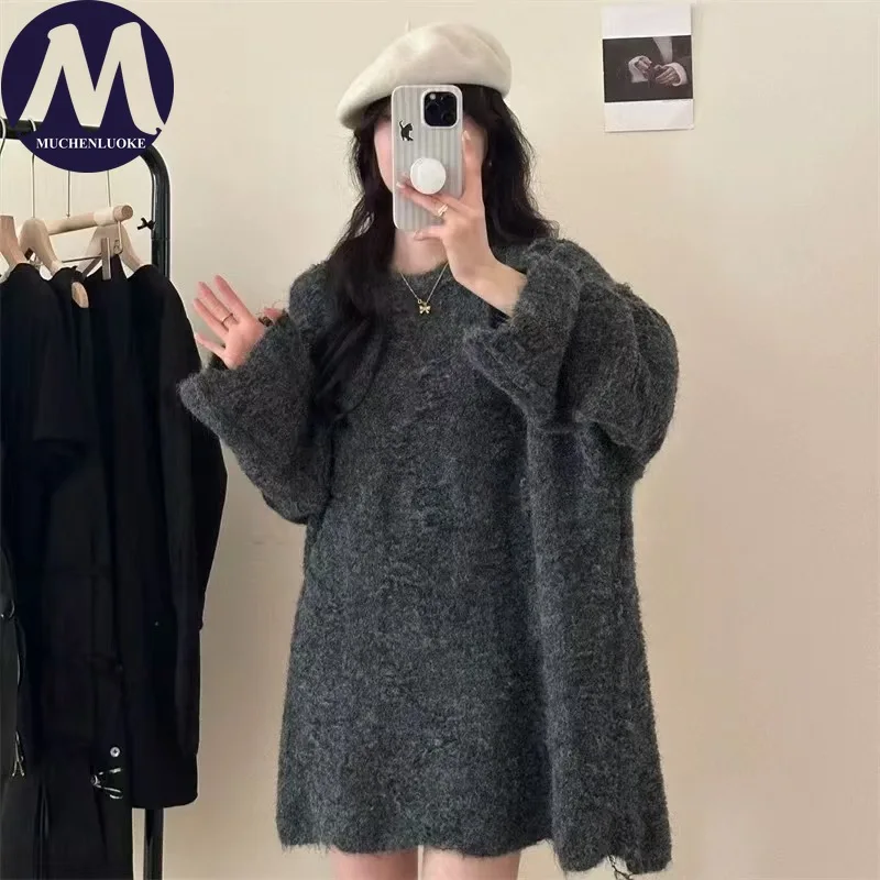 المرأة الخريف الشتاء محبوك سترة طويلة الأكمام س الرقبة كسول نمط عادية فضفاض سميكة الدافئة الكورية سترة الموضة #3