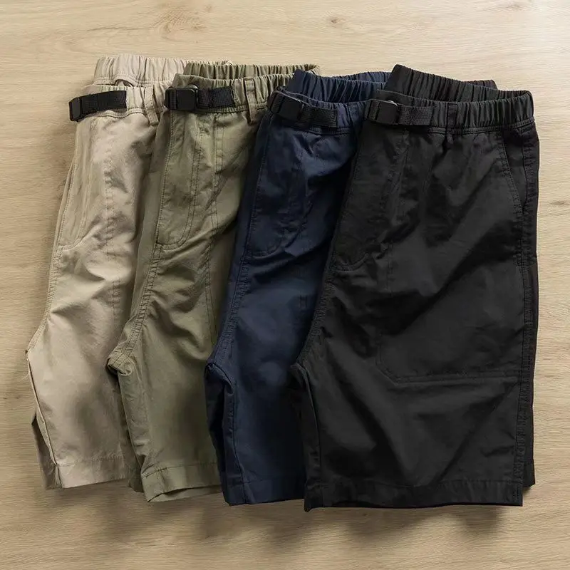 Summer Half Pants Trendy Brand American Retro Tooling Shorts Men's Loose Casual Buckle Washed Thin Elastic Waist Shorts Man