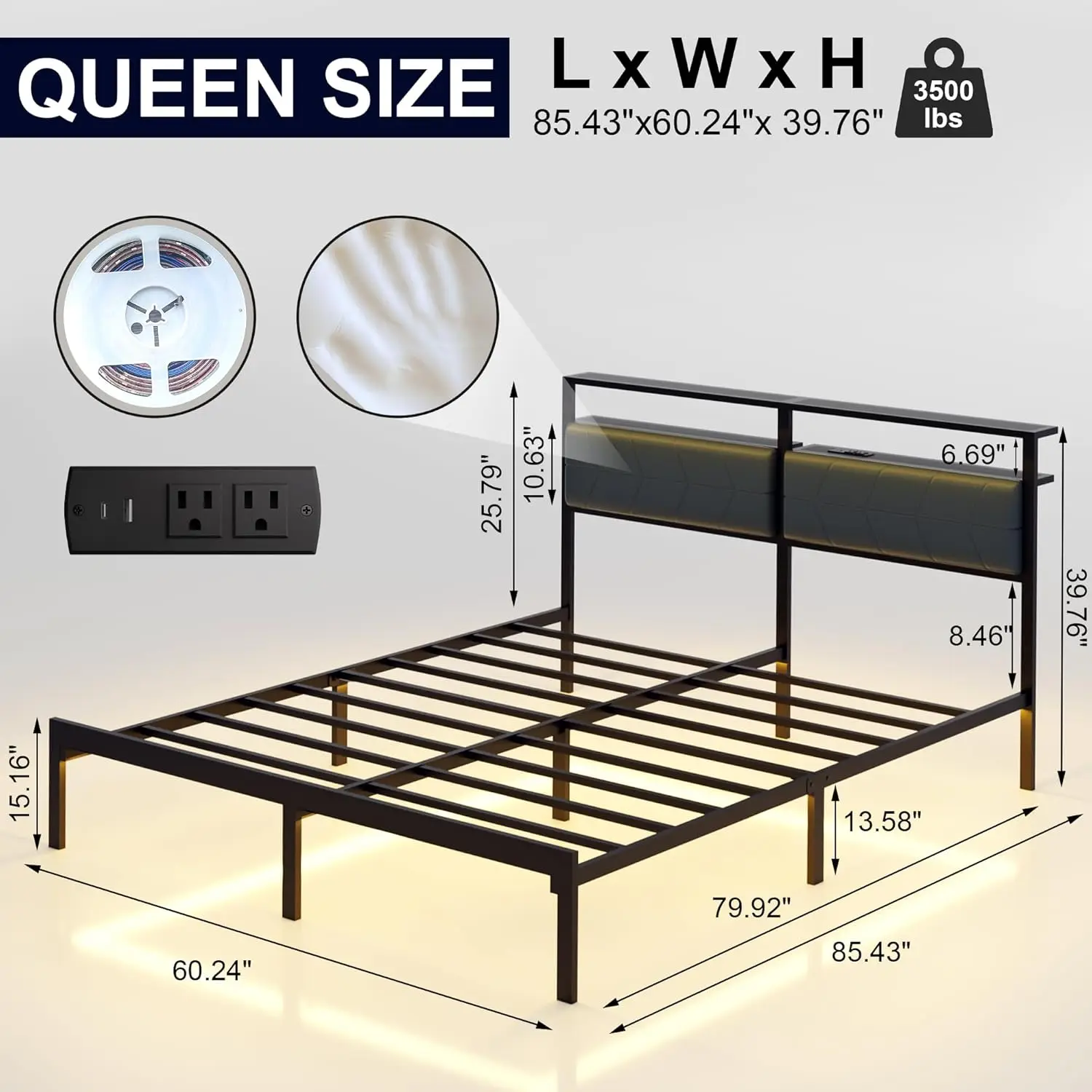 

Queen Bed Frame with LED Lights & Charging Station, Metal Platform Bed Frame with 2 Tier Storage Headboard