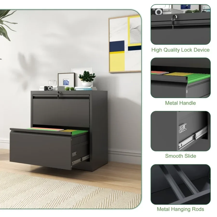 خزانة ملفات جانبية ذات درجين مع قفل خزانة ملفات جانبية معدنية للمكتب المنزلي وخزائن الملفات الأفقية الواسعة من الفولاذ