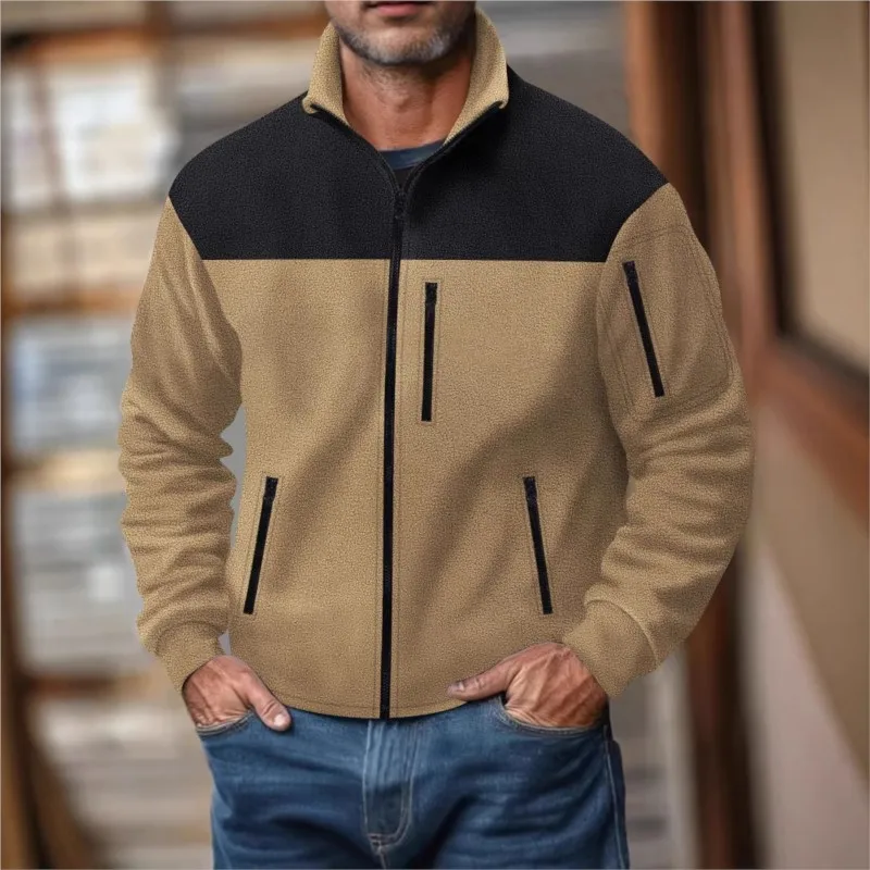 

New Men's casual Sports Zipper Stand Collar Hoodie Coat Autumn and Winter Men's Color blocking Cardigan Outdoor Streetwear